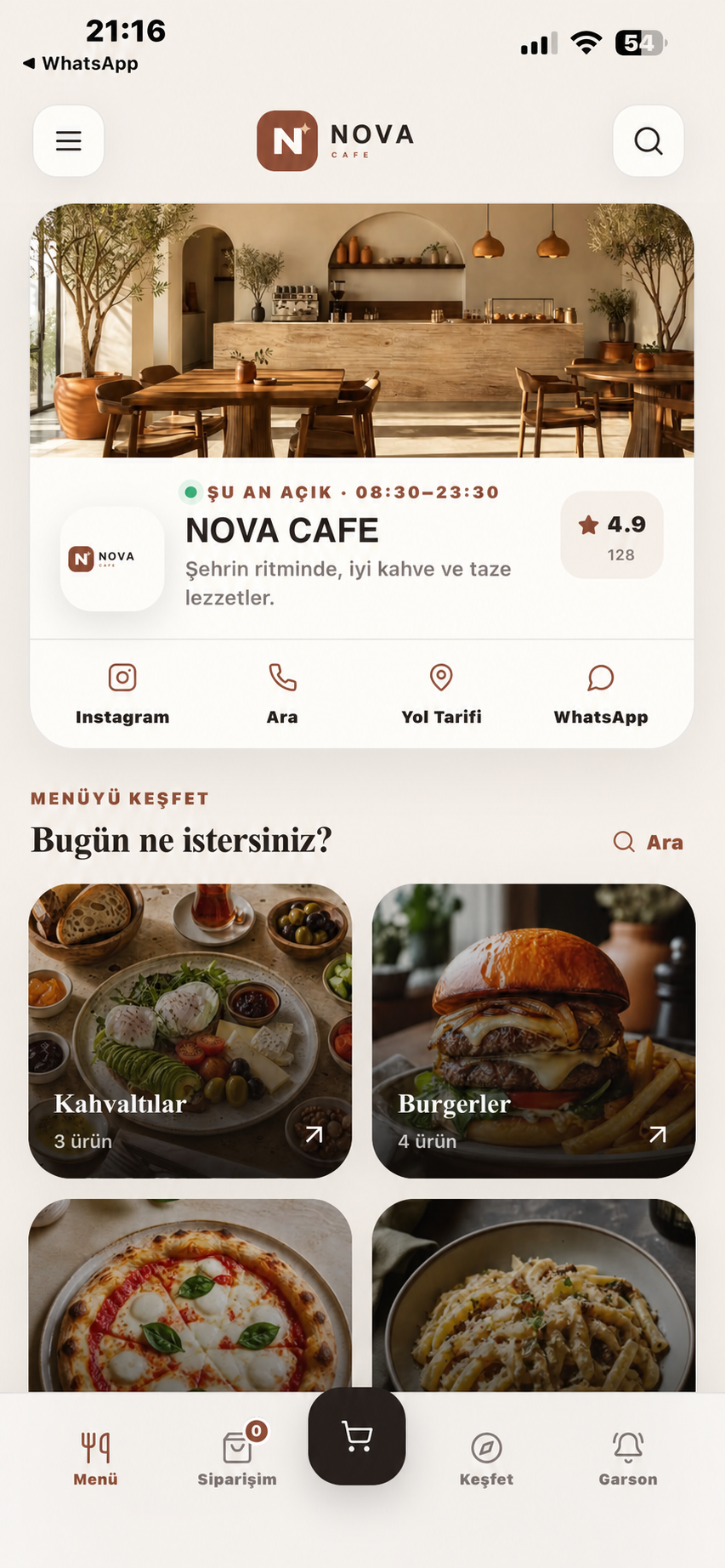 NOVA CAFE dijital menü ekranı